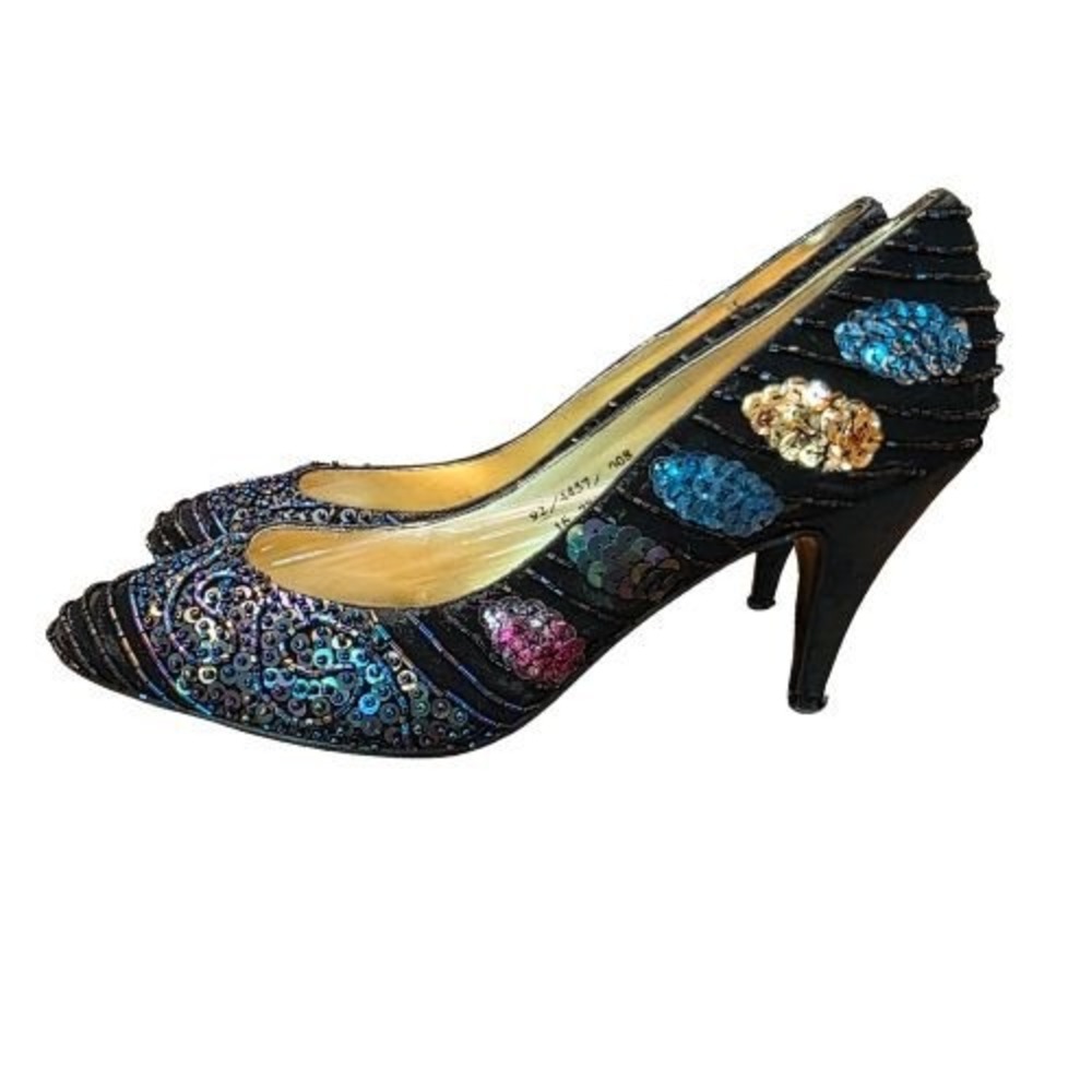 Vintage Black Beaded Sequin Floral Evening Pumps Heels 8B 80s Glam Pageant Prom